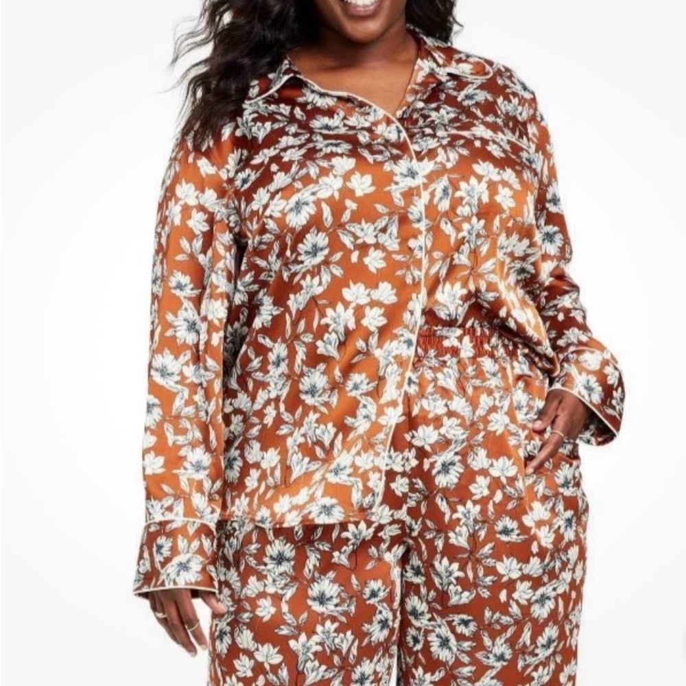 La Ligne Floral Pajama Set Rust Brown White Floral Button Down Pants Size 3XL